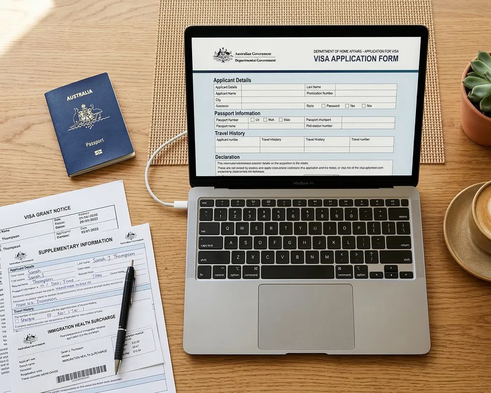 Person reviewing documents at a desk with a laptop.