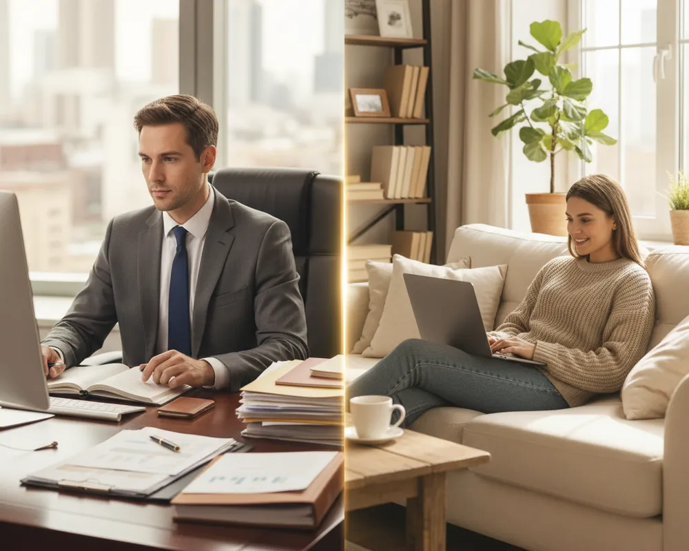 Modern office with city views.